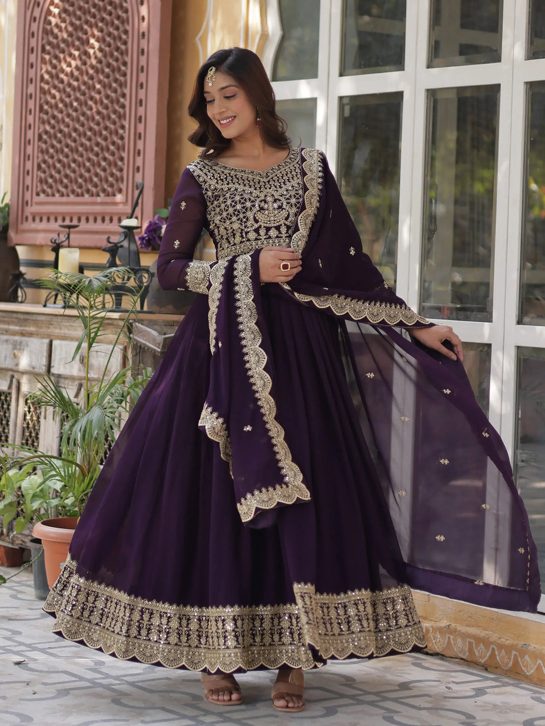 Super Wine Embroidered Georgette Function Wear Gown With Dupatta