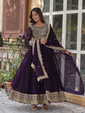 Super Wine Embroidered Georgette Function Wear Gown With Dupatta