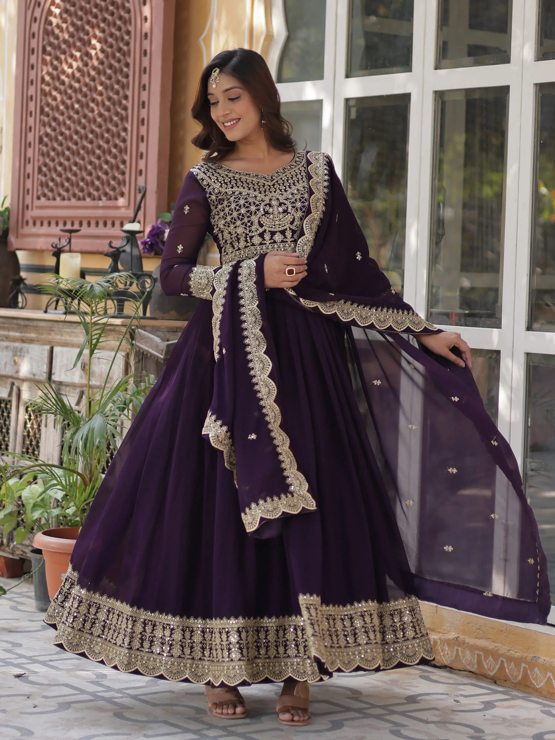 Super Wine Embroidered Georgette Function Wear Gown With Dupatta
