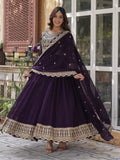 Super Wine Embroidered Georgette Function Wear Gown With Dupatta