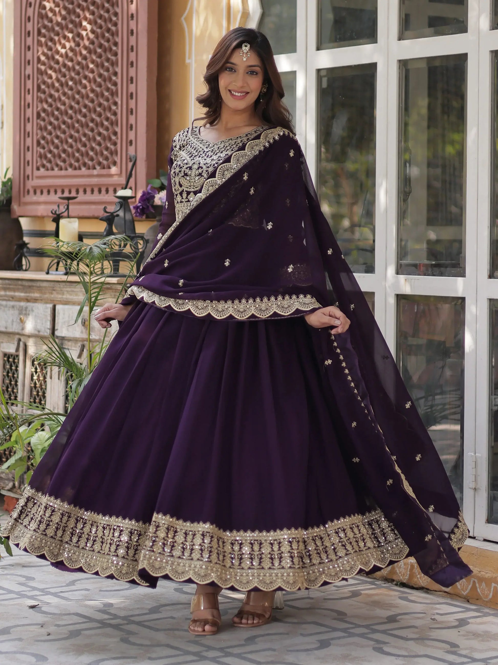 Super Wine Embroidered Georgette Function Wear Gown With Dupatta