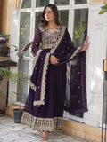 Super Wine Embroidered Georgette Function Wear Gown With Dupatta