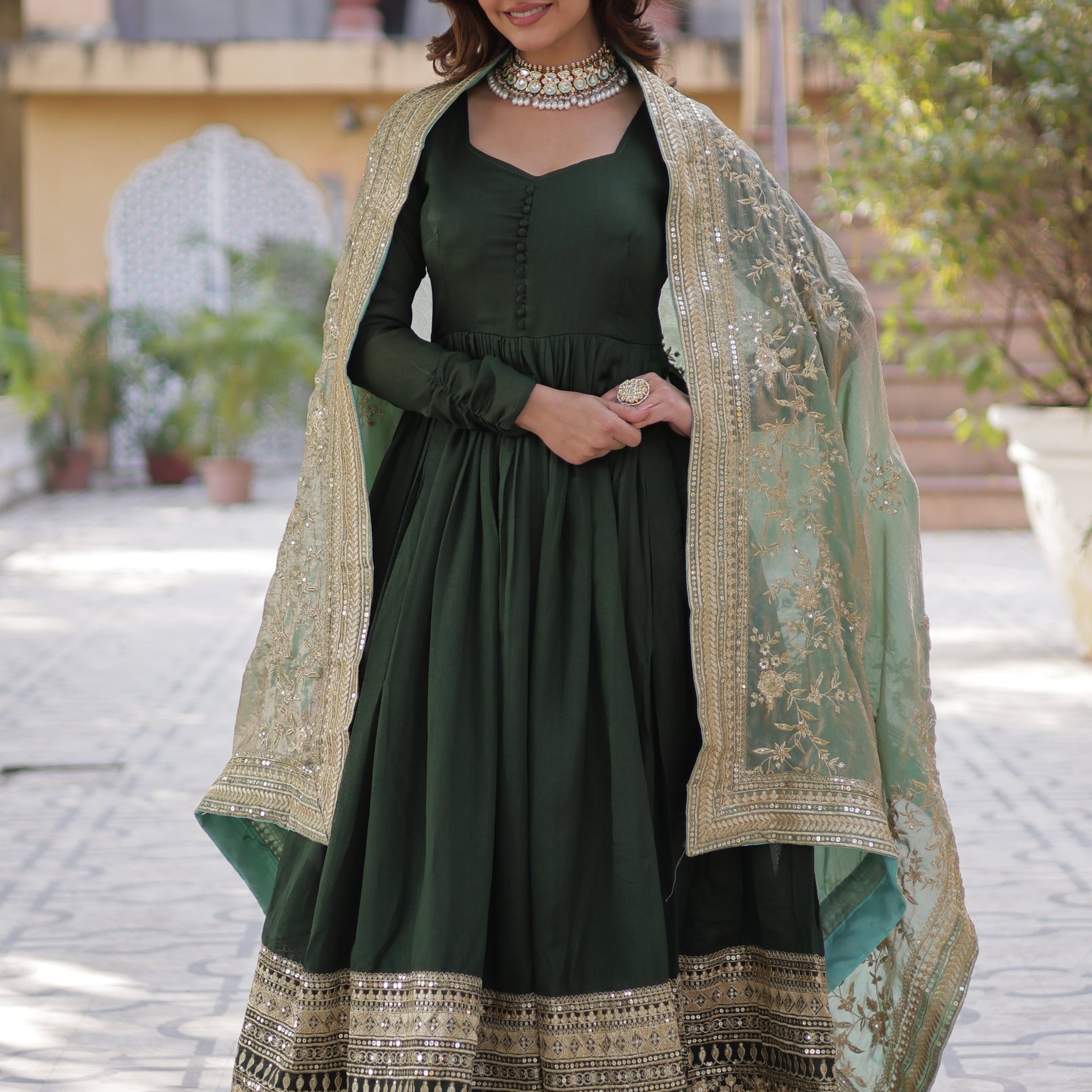 Fabulous Green Zari Work Vichitra Silk Festive Wear Gown With Dupatta