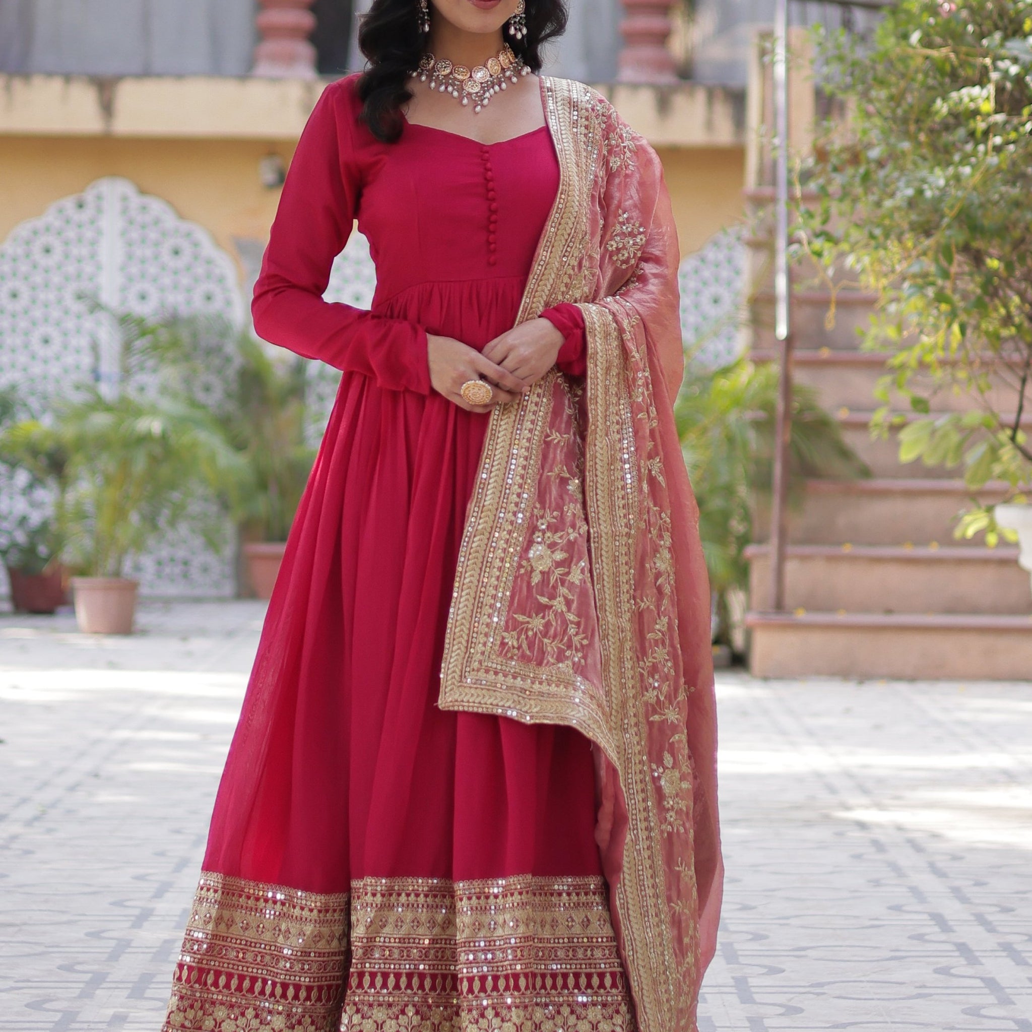 Spectacular Pink Sequins Work Vichitra Silk Party Wear Gown With Dupatta