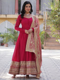 Spectacular Pink Sequins Work Vichitra Silk Party Wear Gown With Dupatta