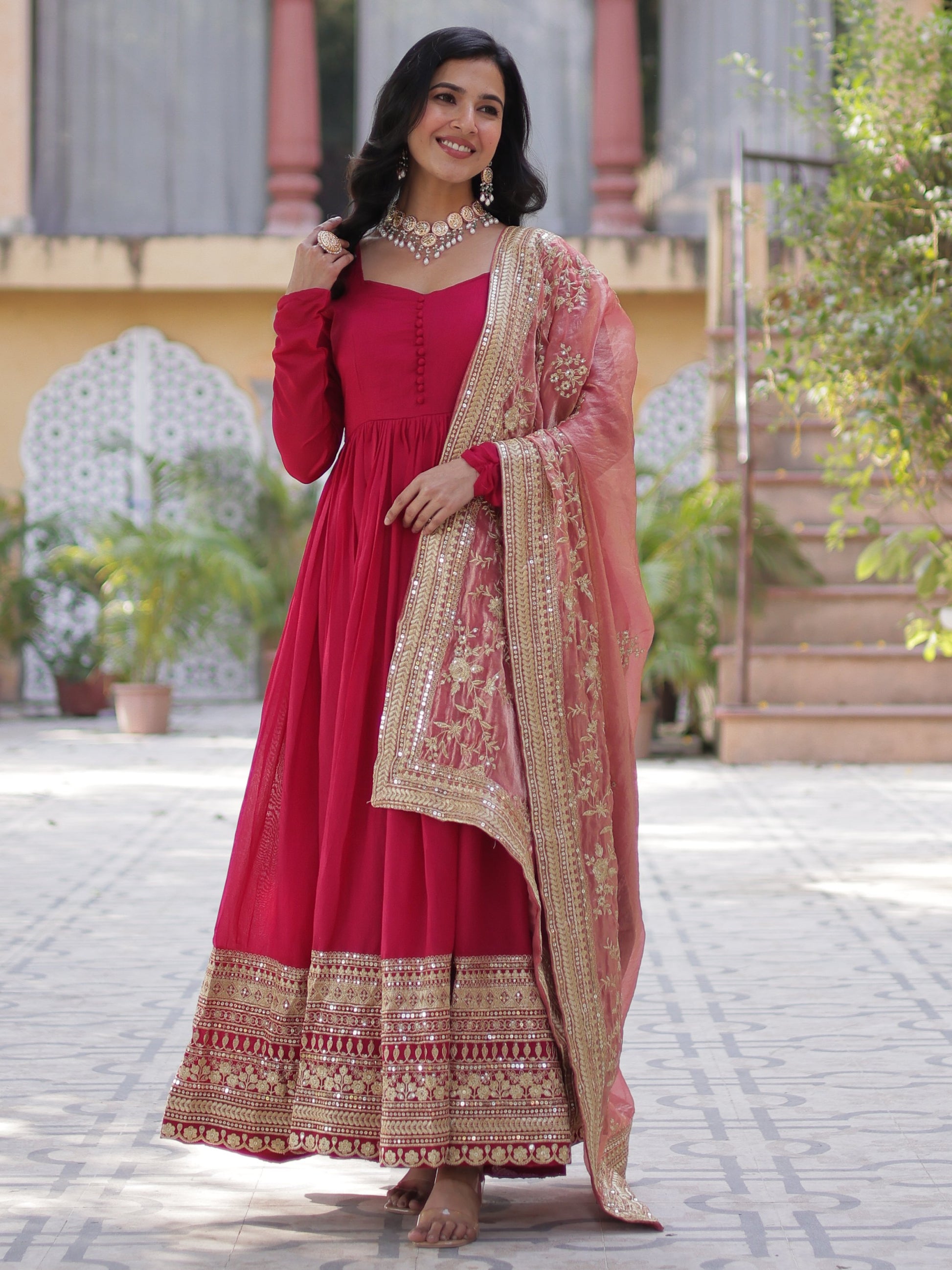 Spectacular Pink Sequins Work Vichitra Silk Party Wear Gown With Dupatta