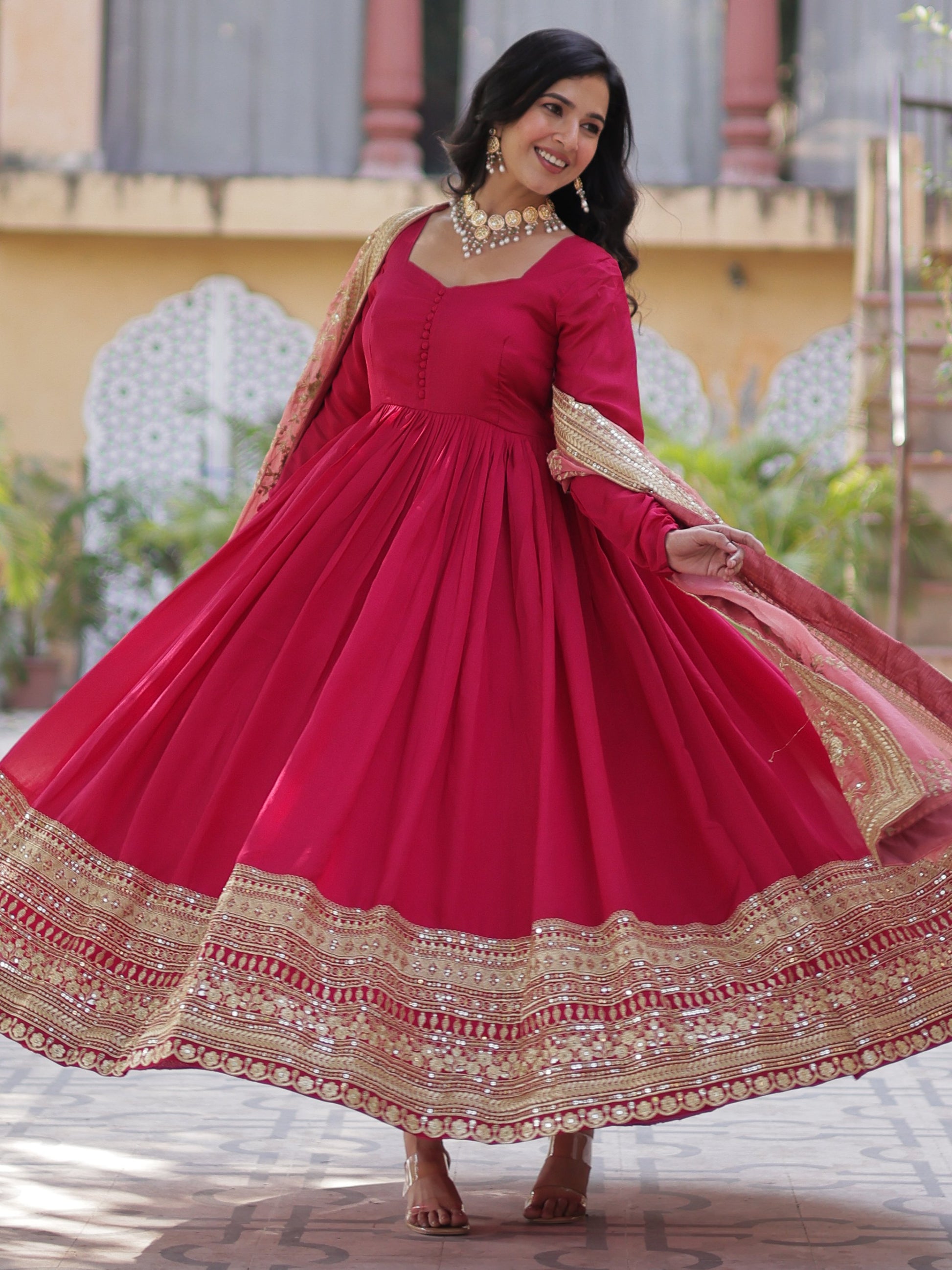 Spectacular Pink Sequins Work Vichitra Silk Party Wear Gown With Dupatta