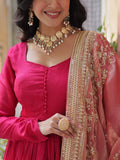 Spectacular Pink Sequins Work Vichitra Silk Party Wear Gown With Dupatta