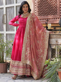 Spectacular Pink Sequins Work Vichitra Silk Party Wear Gown With Dupatta