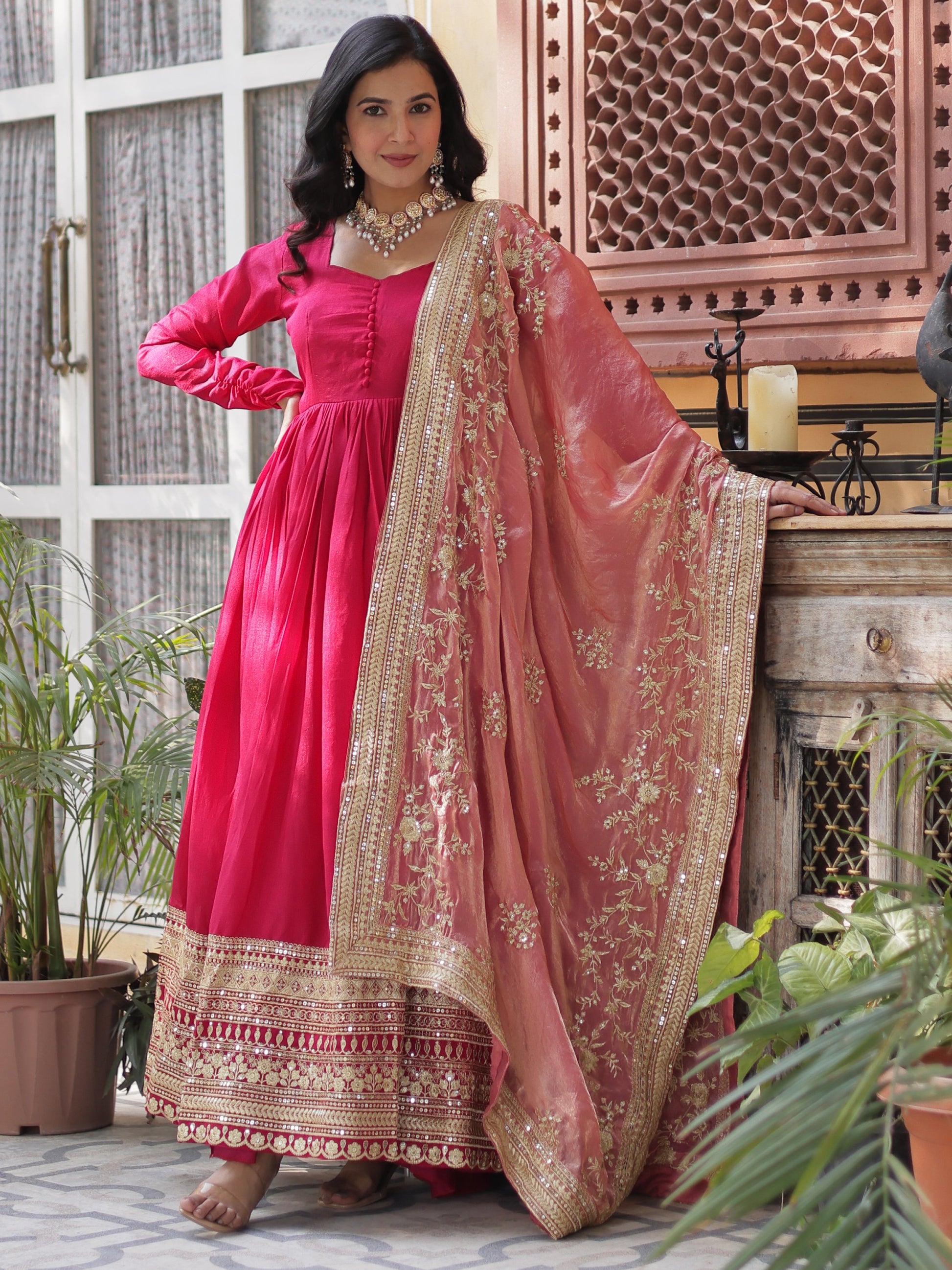 Spectacular Pink Sequins Work Vichitra Silk Party Wear Gown With Dupatta