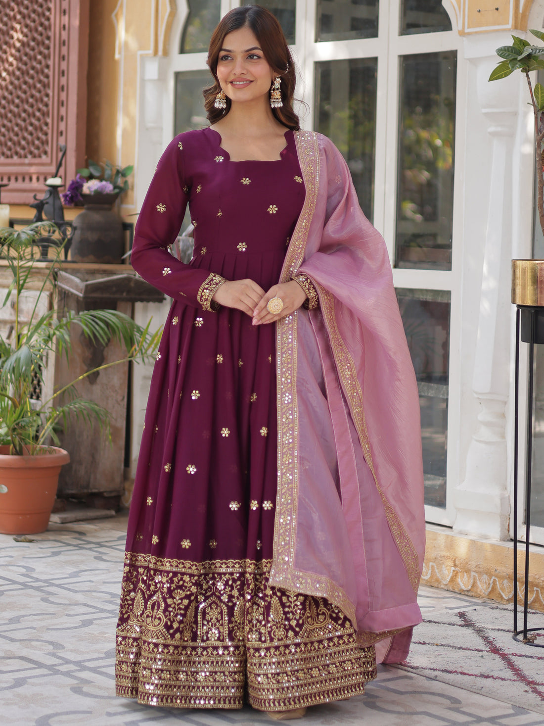 Amazing Wine Zari Embroidered Georgette Event Wear Gown