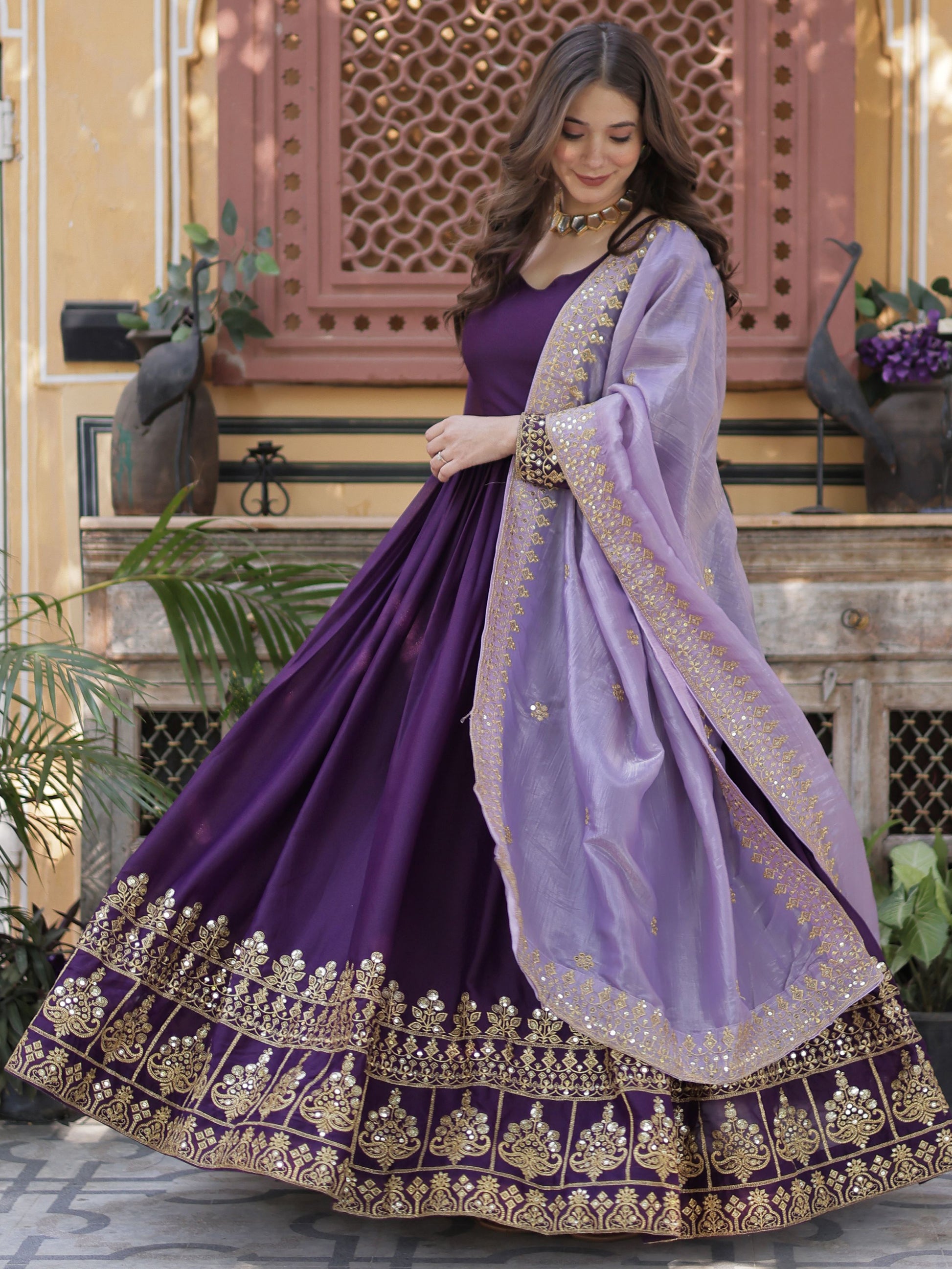 Delightful Purple Zari Embroidery Georgette Evening Wear Gown With Dupatta