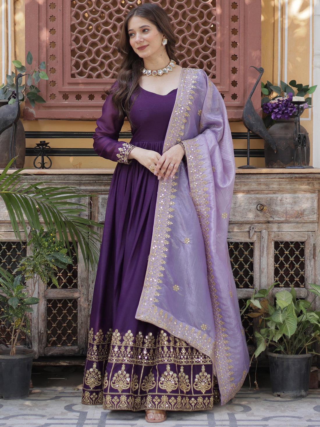 Delightful Purple Zari Embroidery Georgette Evening Wear Gown With Dupatta