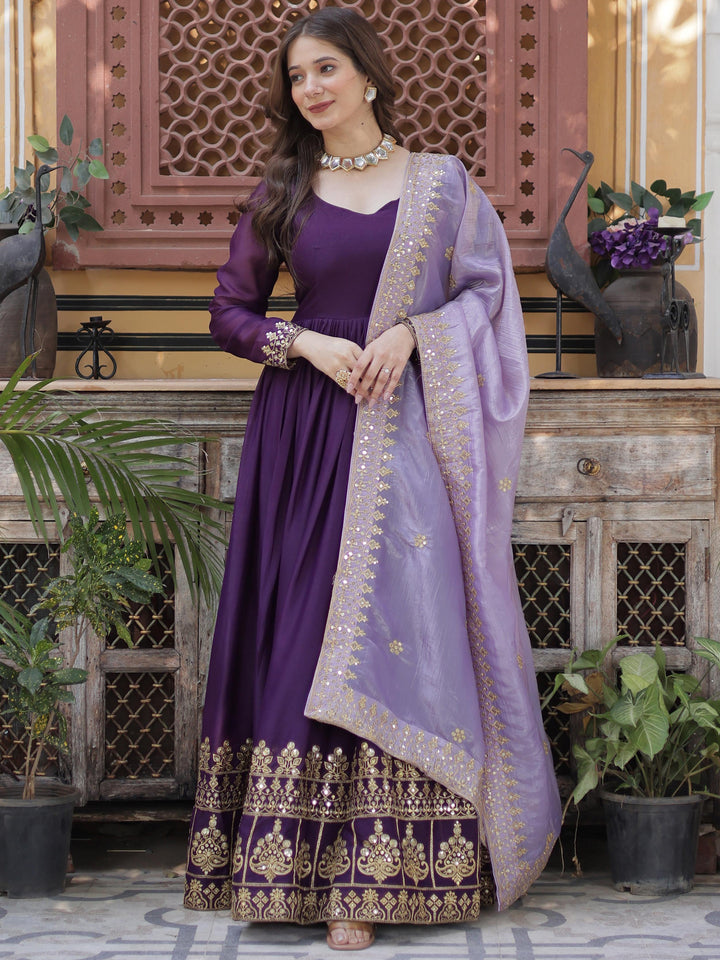 Delightful Purple Zari Embroidery Georgette Evening Wear Gown With Dupatta