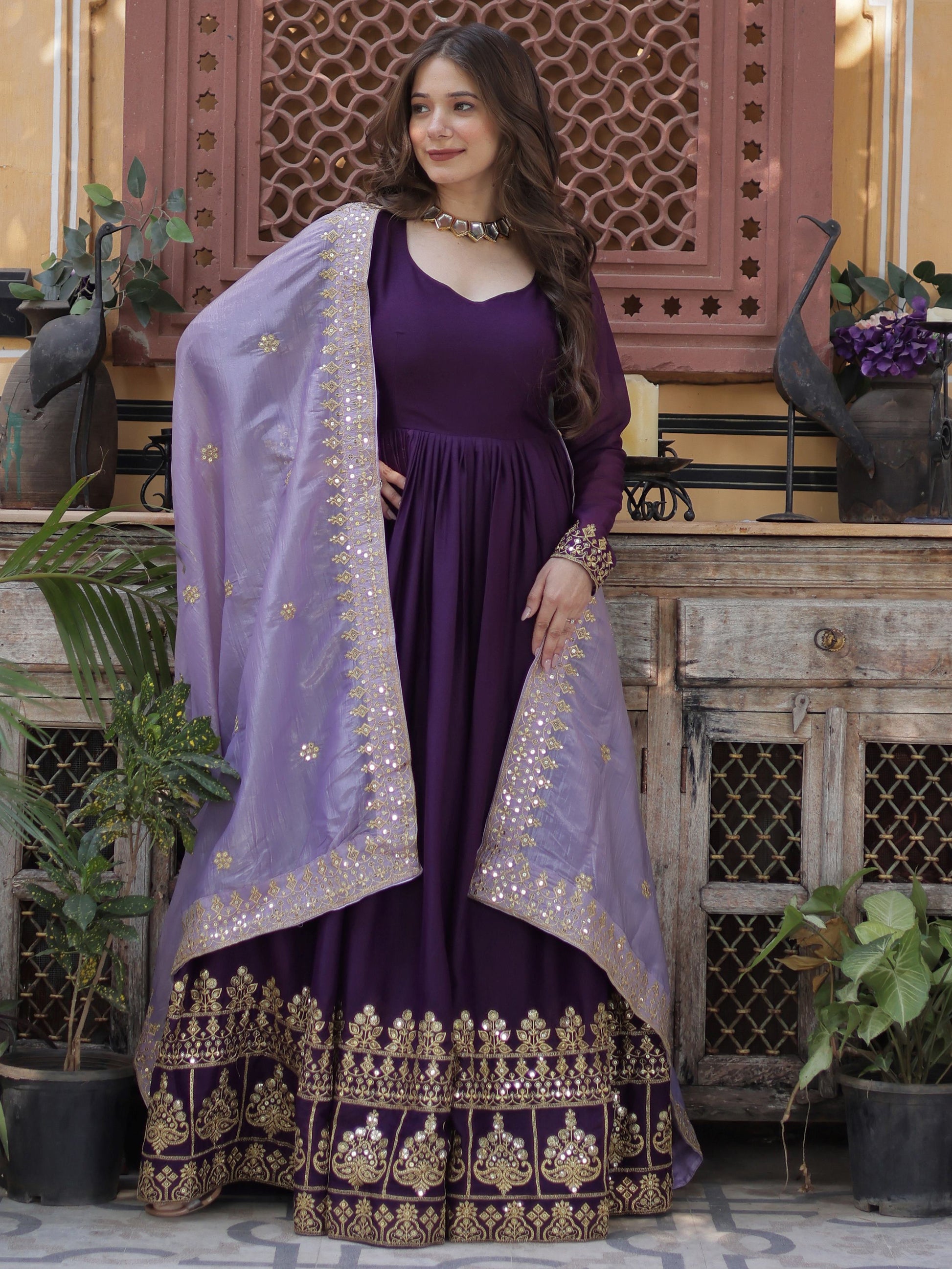 Delightful Purple Zari Embroidery Georgette Evening Wear Gown With Dupatta