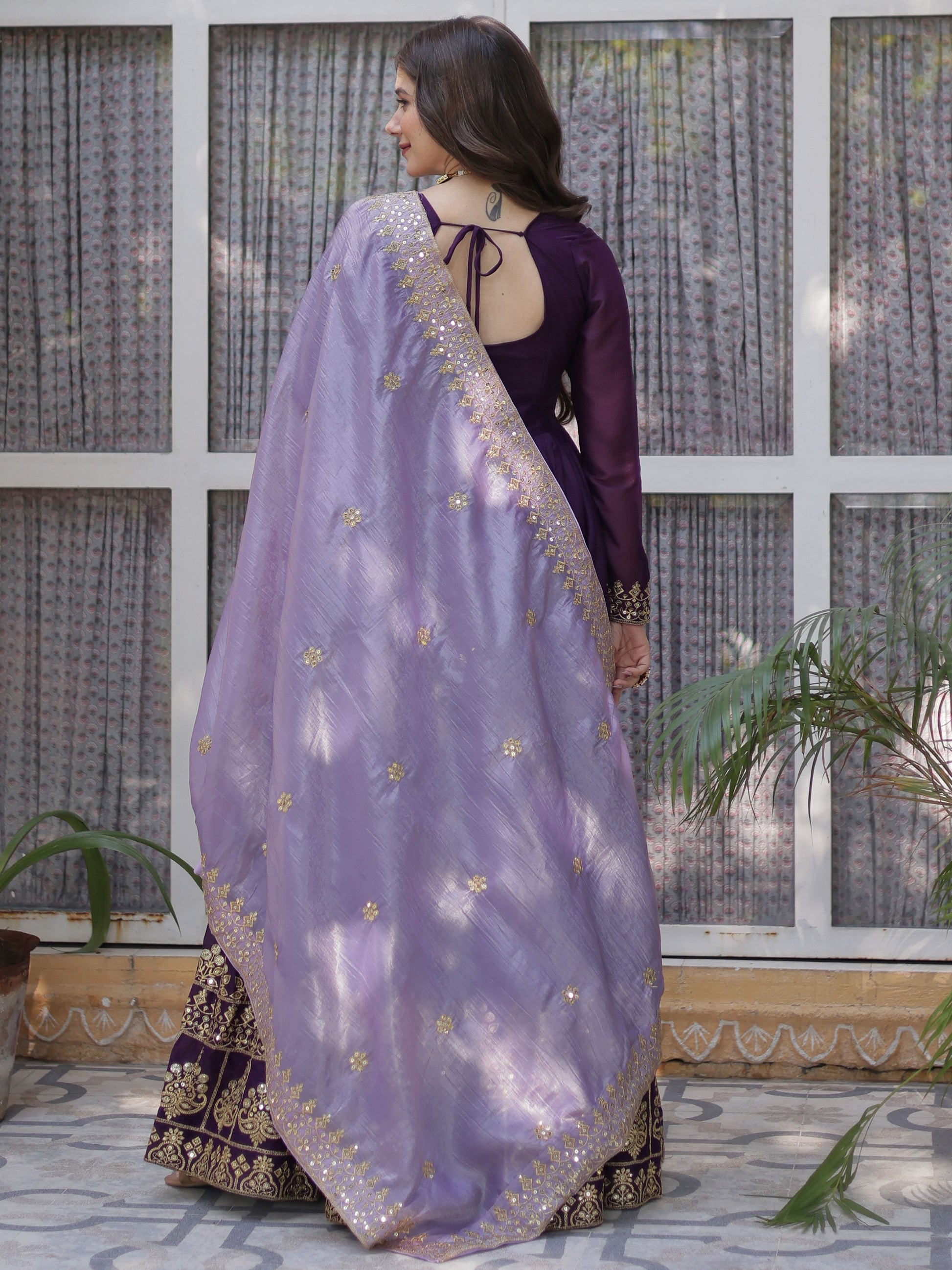 Delightful Purple Zari Embroidery Georgette Evening Wear Gown With Dupatta