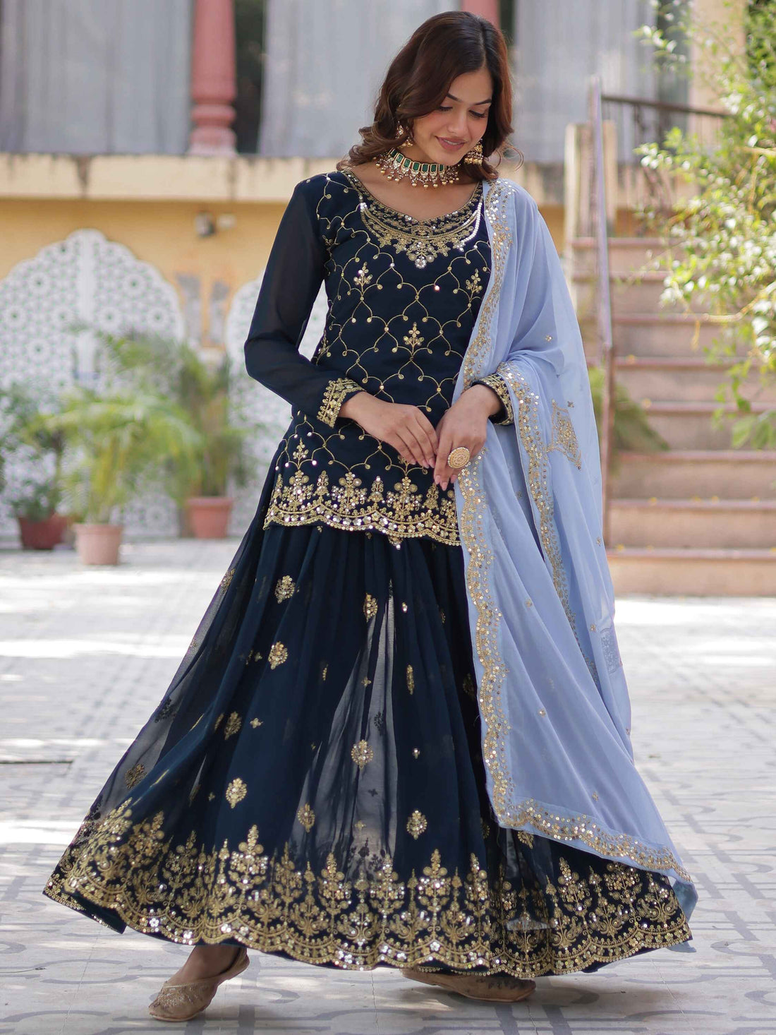 Stunning Blue Sequins Georgette Festival Wear Sharara Suit