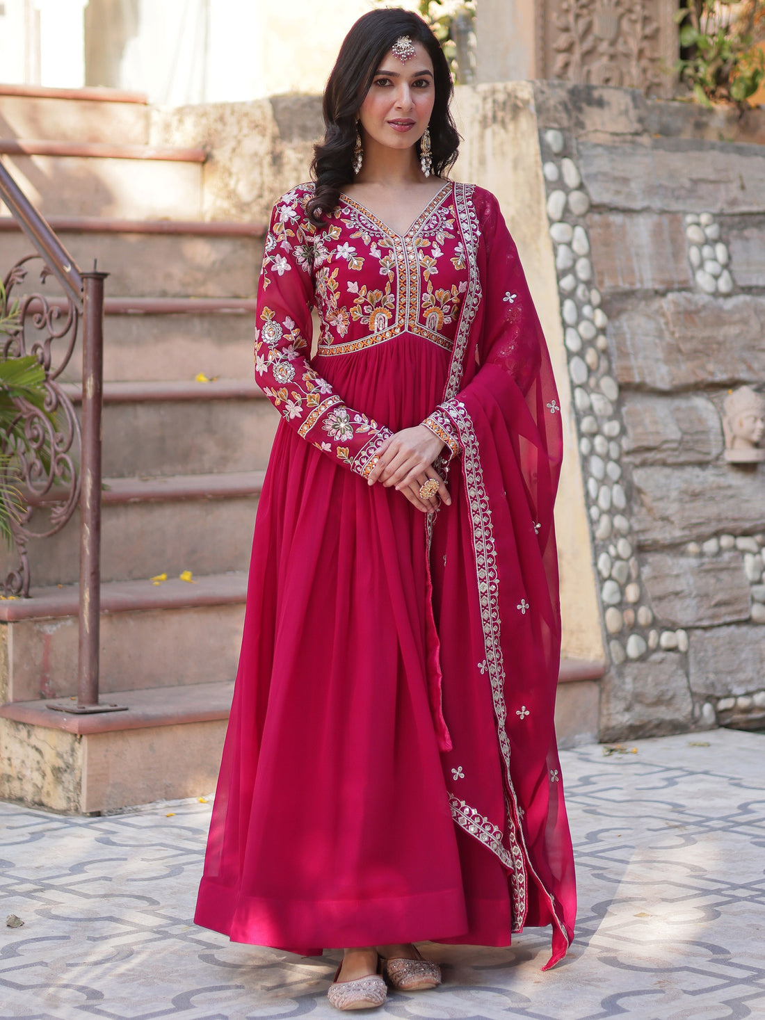 Fabulous Pink Zari Embroidered Georgette Festival Wear Gown