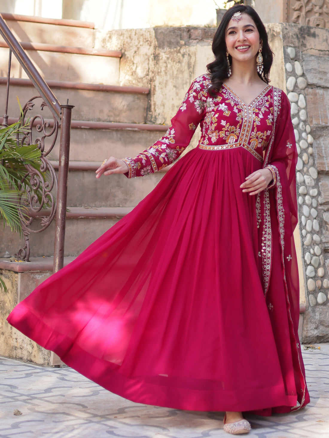 Fabulous Pink Zari Embroidered Georgette Festival Wear Gown