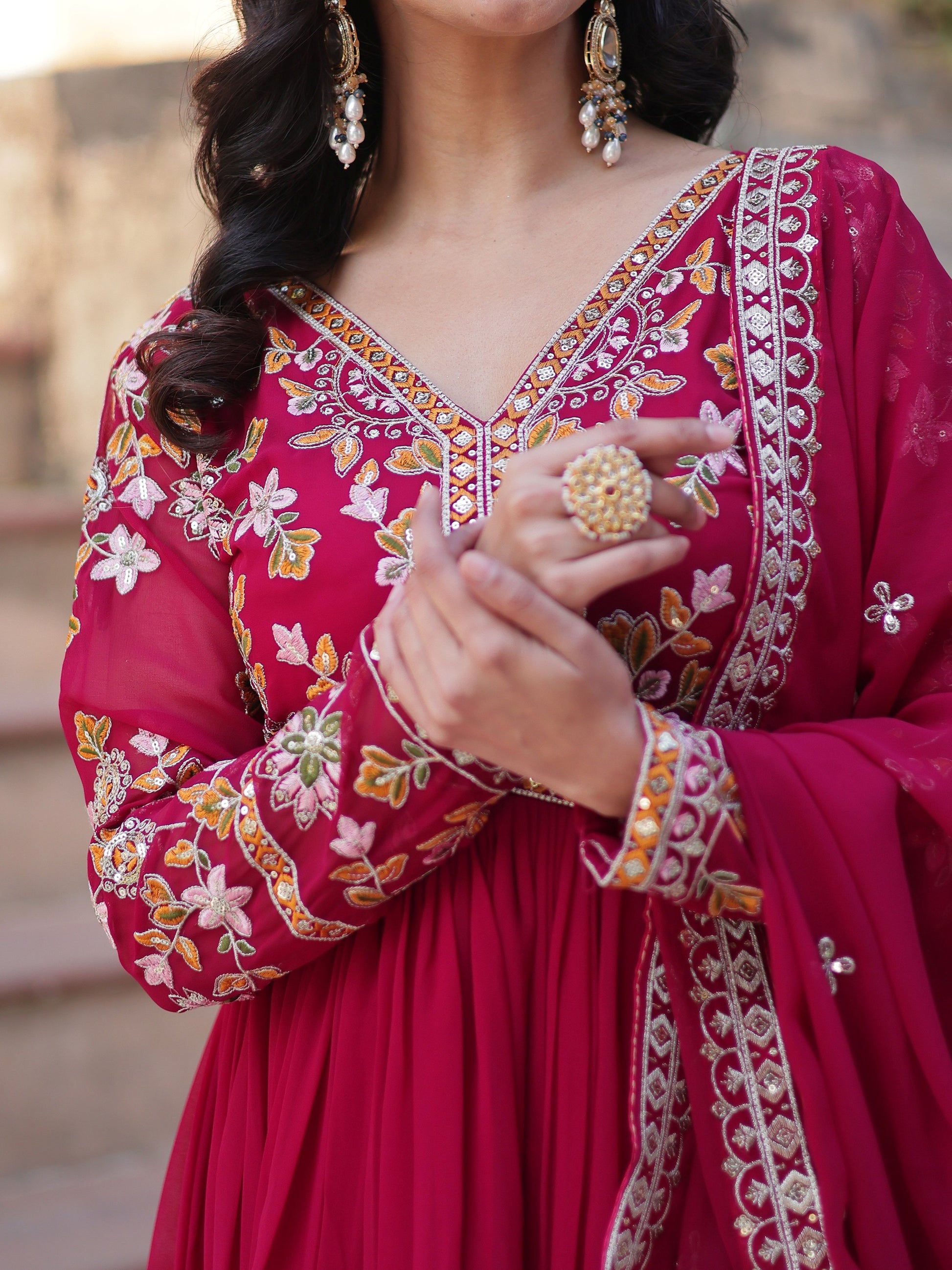Fabulous Pink Zari Embroidered Georgette Festival Wear Gown