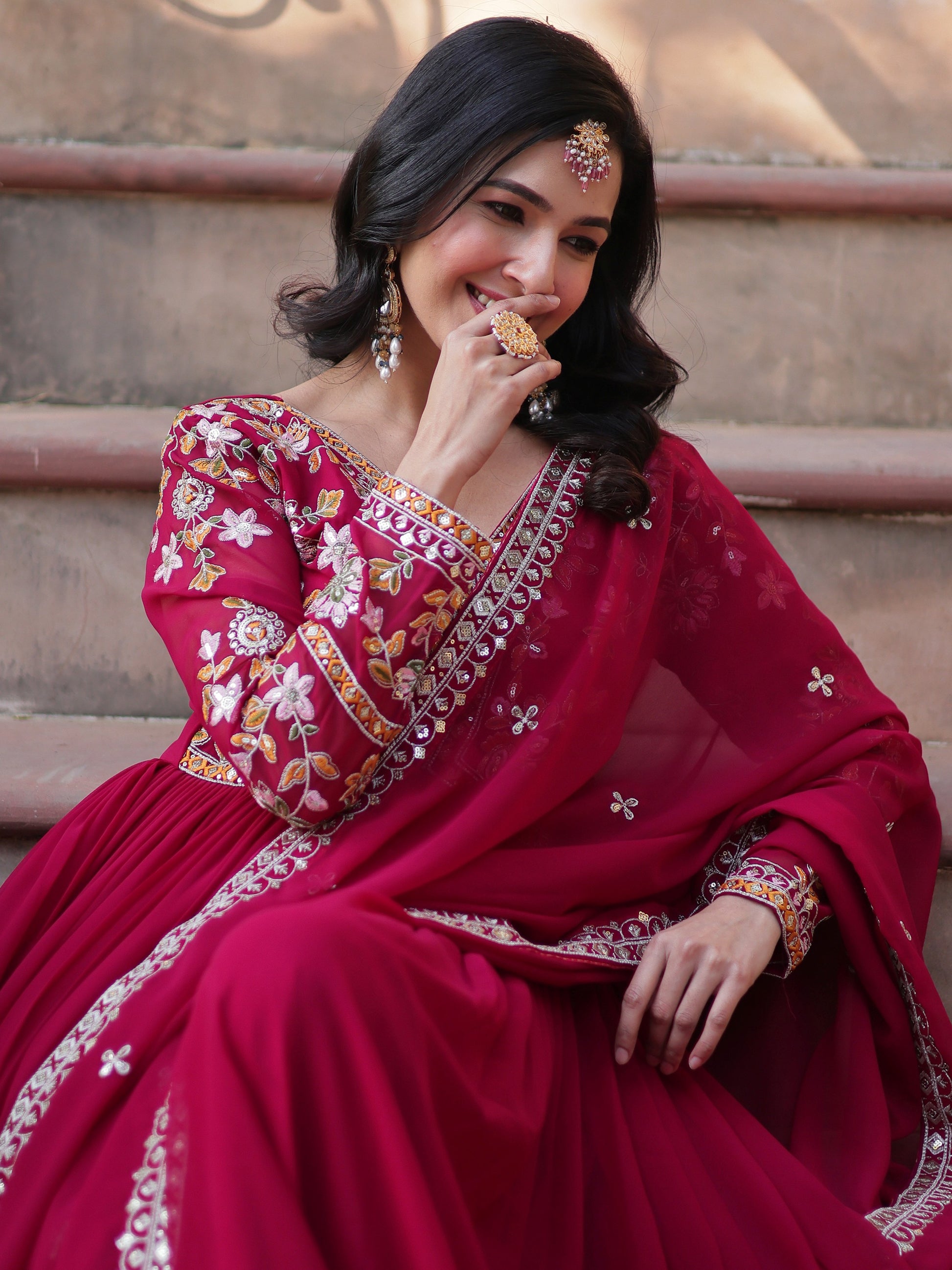 Fabulous Pink Zari Embroidered Georgette Festival Wear Gown