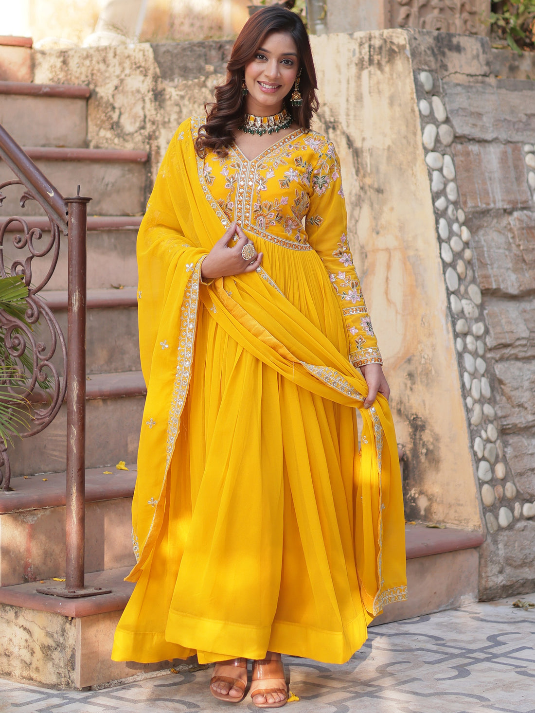 Awesome Yellow Sequins Georgette Haldi Wear Gown With Dupatta