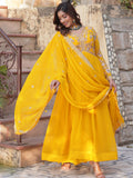 Awesome Yellow Sequins Georgette Haldi Wear Gown With Dupatta