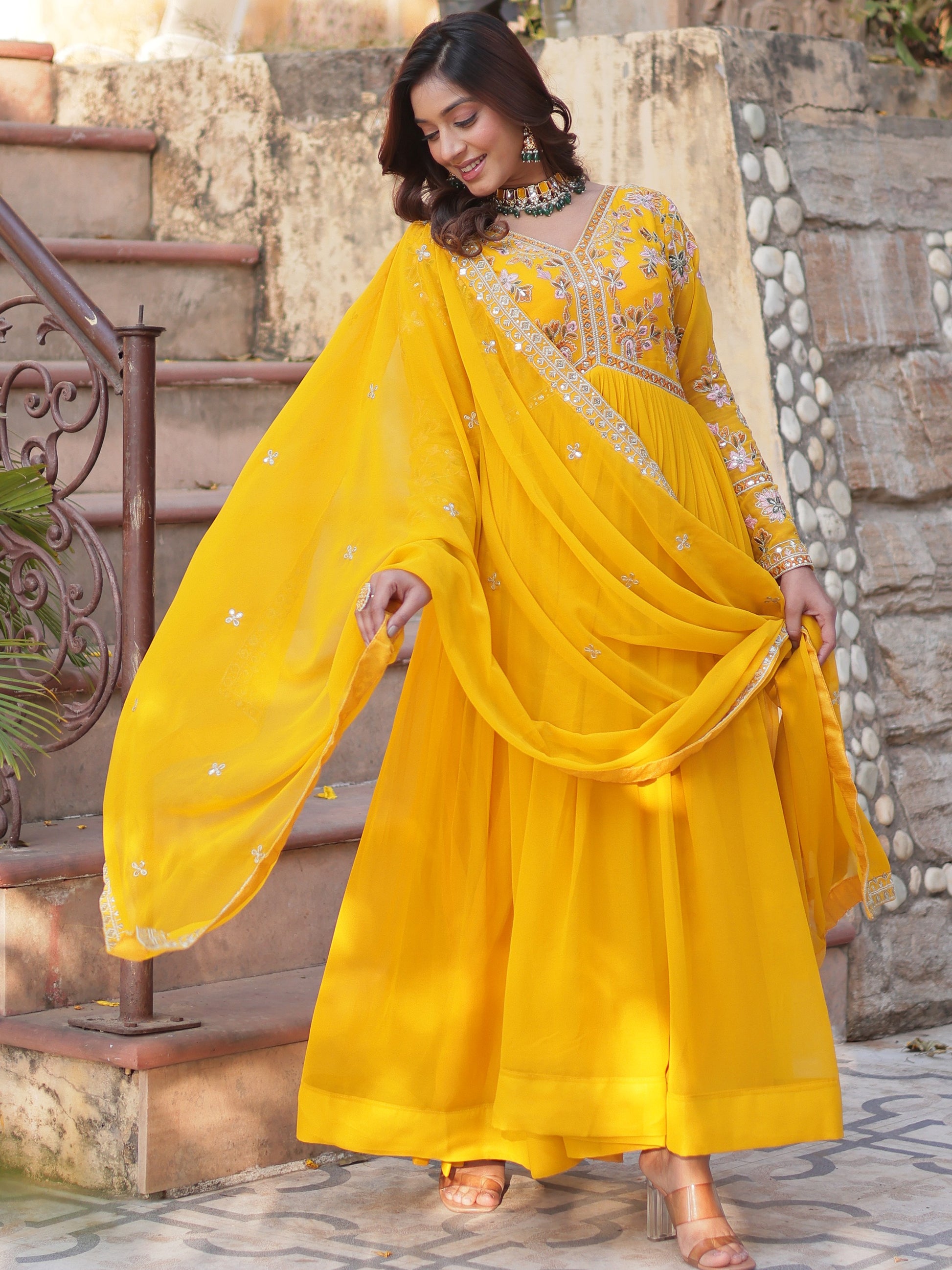 Awesome Yellow Sequins Georgette Haldi Wear Gown With Dupatta