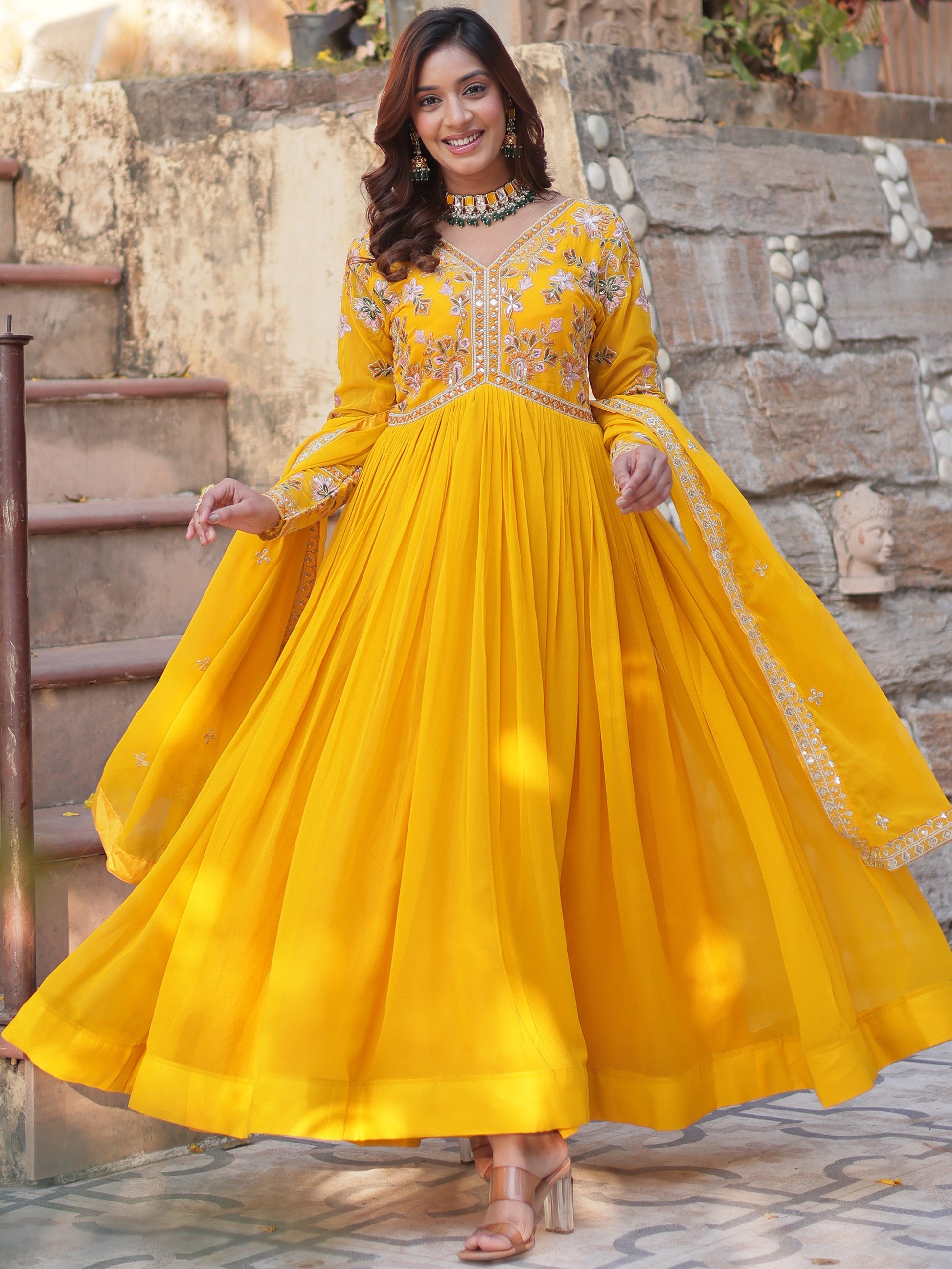 Awesome Yellow Sequins Georgette Haldi Wear Gown With Dupatta