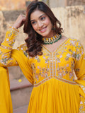 Awesome Yellow Sequins Georgette Haldi Wear Gown With Dupatta