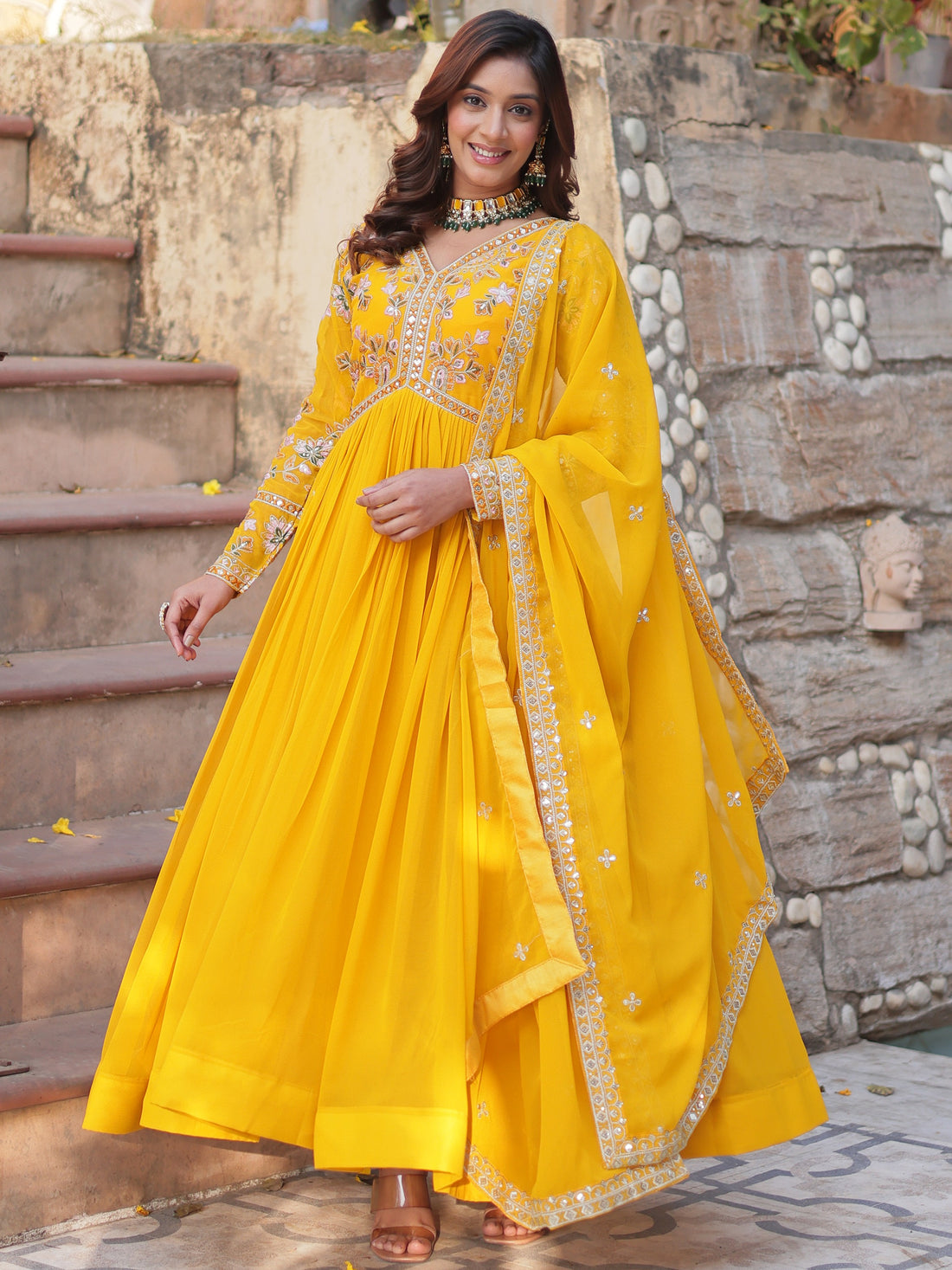 Awesome Yellow Sequins Georgette Haldi Wear Gown With Dupatta