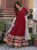Captivating Red Zari Embroidered Georgette Festival Wear Gown