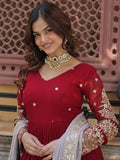 Captivating Red Zari Embroidered Georgette Festival Wear Gown
