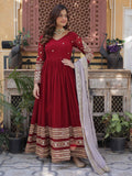 Captivating Red Zari Embroidered Georgette Festival Wear Gown