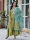 Amazing Mustard Yellow Floral Printed Cotton Side Cut Anarkali Suit