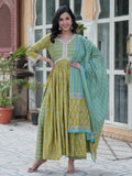 Amazing Mustard Yellow Floral Printed Cotton Side Cut Anarkali Suit