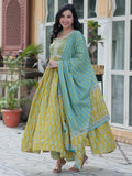 Amazing Mustard Yellow Floral Printed Cotton Side Cut Anarkali Suit