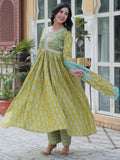 Amazing Mustard Yellow Floral Printed Cotton Side Cut Anarkali Suit