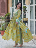 Amazing Mustard Yellow Floral Printed Cotton Side Cut Anarkali Suit