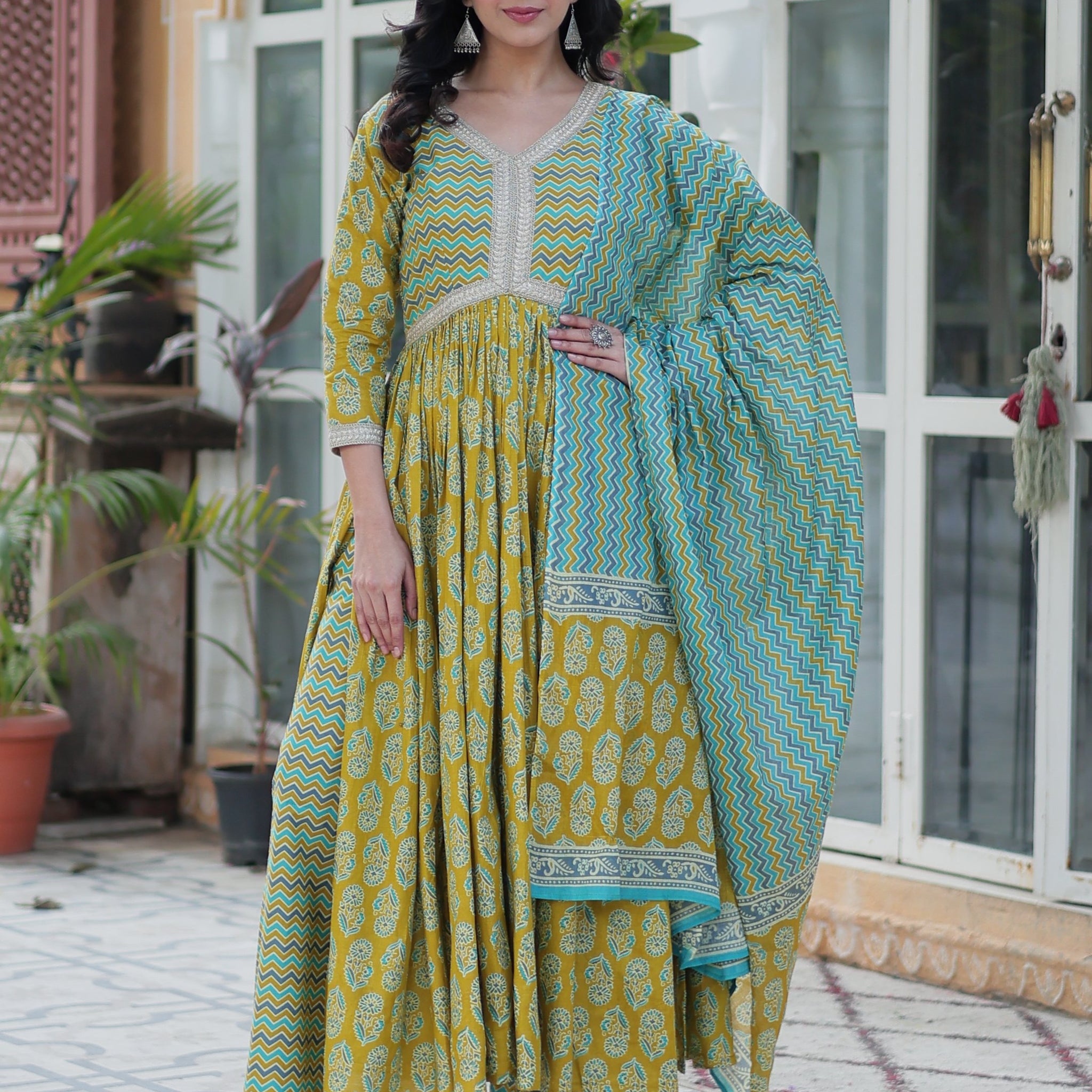 Amazing Mustard Yellow Floral Printed Cotton Side Cut Anarkali Suit