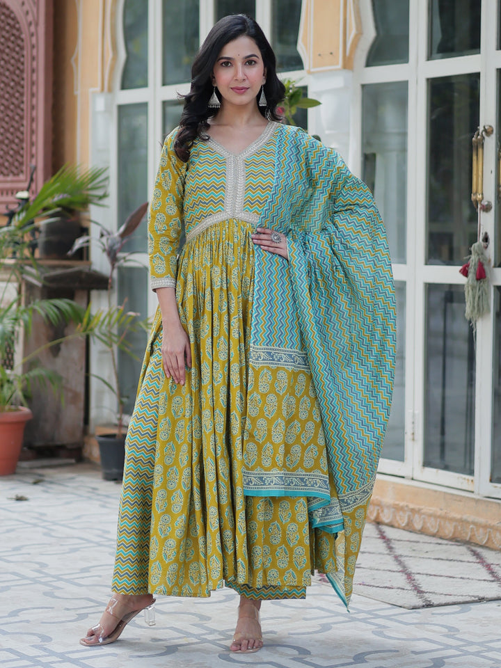 Amazing Mustard Yellow Floral Printed Cotton Side Cut Anarkali Suit