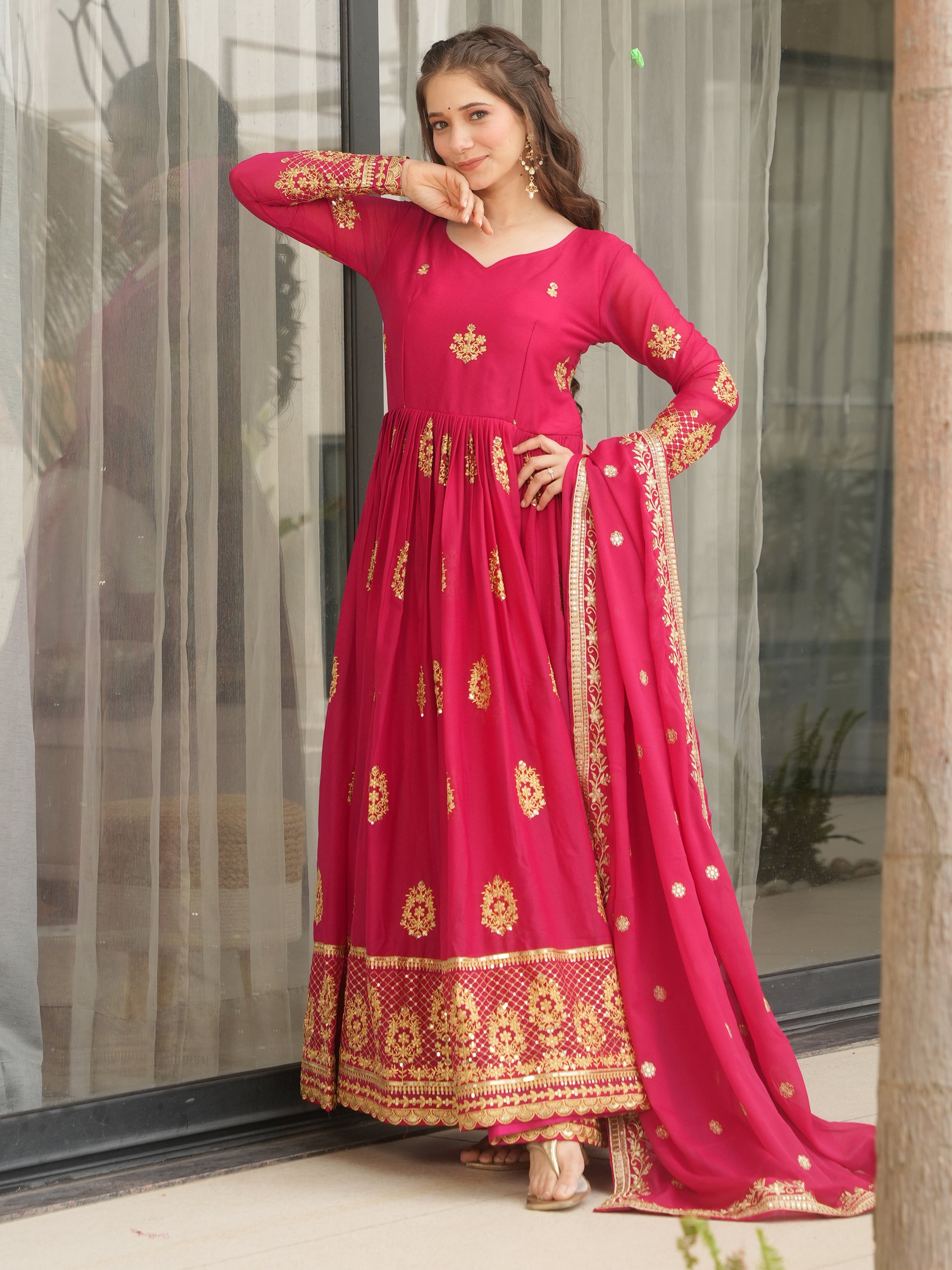 Classic Pink Zari Embroidered Georgette Event Wear Gown With Dupatta