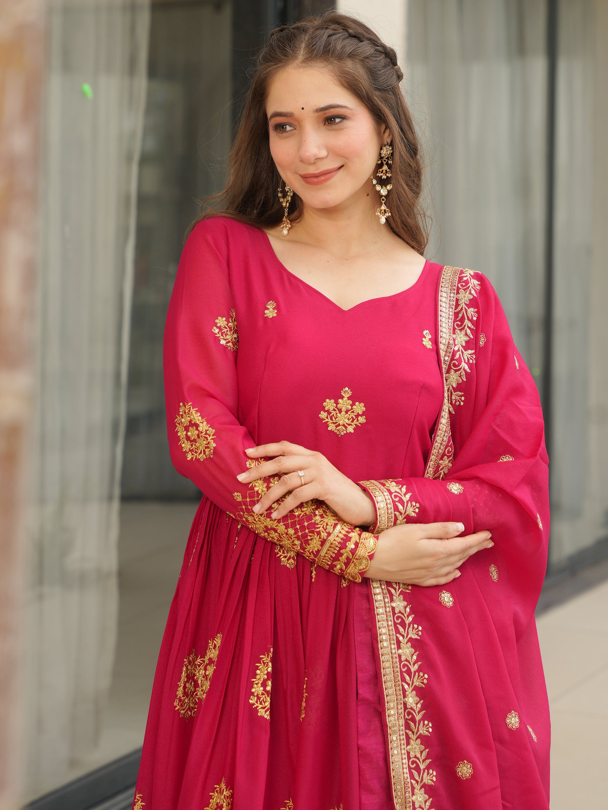 Classic Pink Zari Embroidered Georgette Event Wear Gown With Dupatta