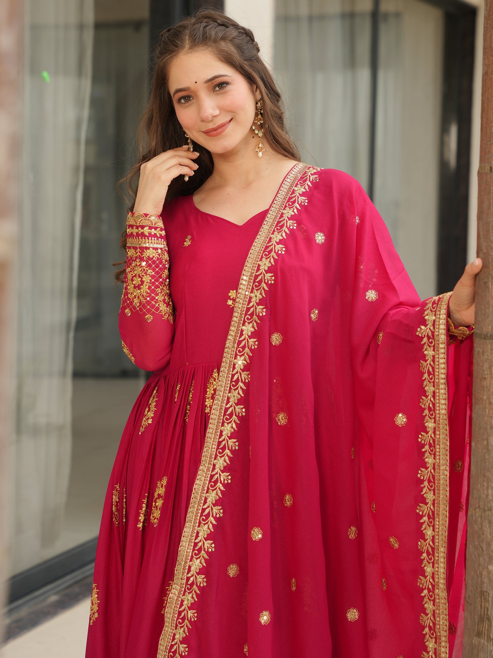 Classic Pink Zari Embroidered Georgette Event Wear Gown With Dupatta