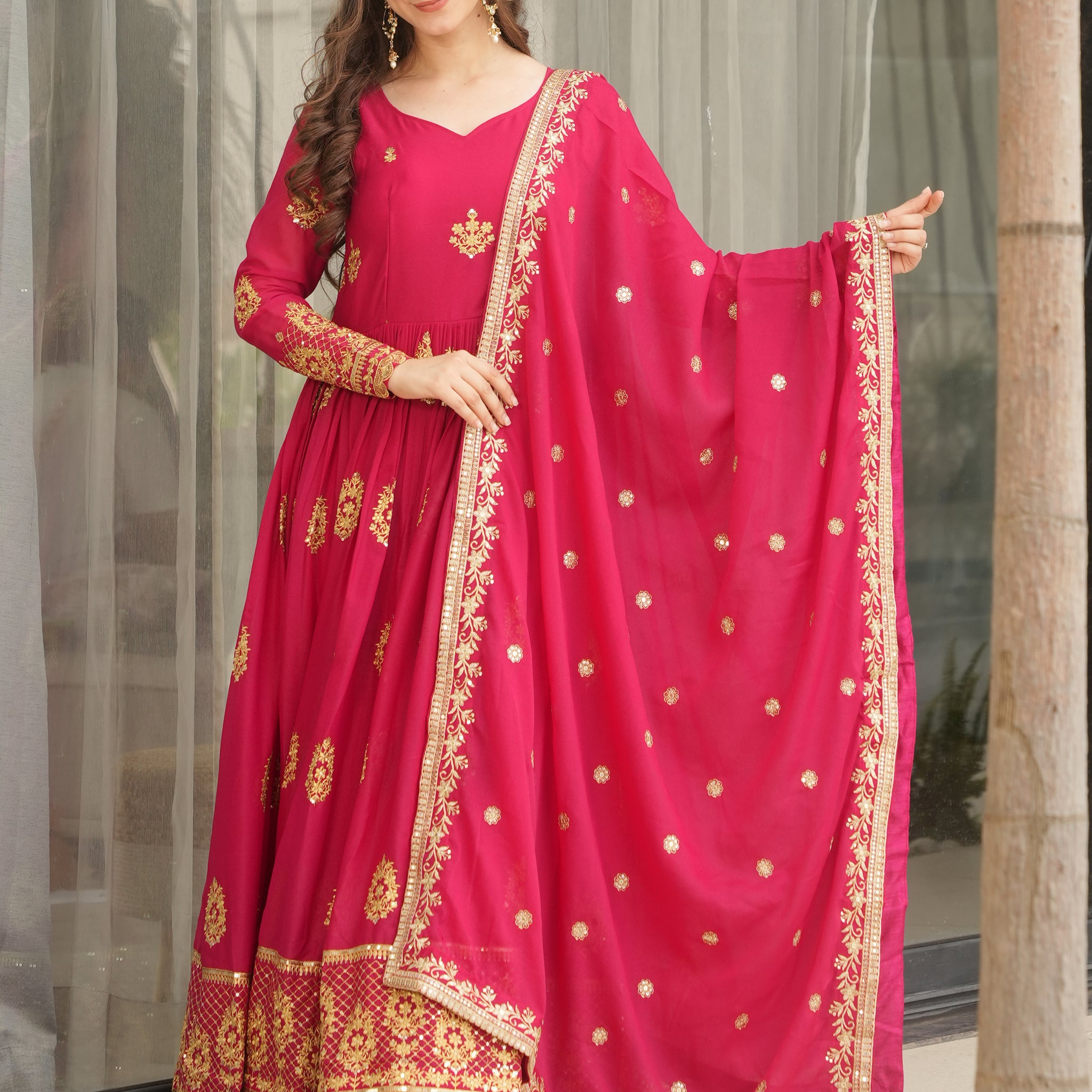 Classic Pink Zari Embroidered Georgette Event Wear Gown With Dupatta