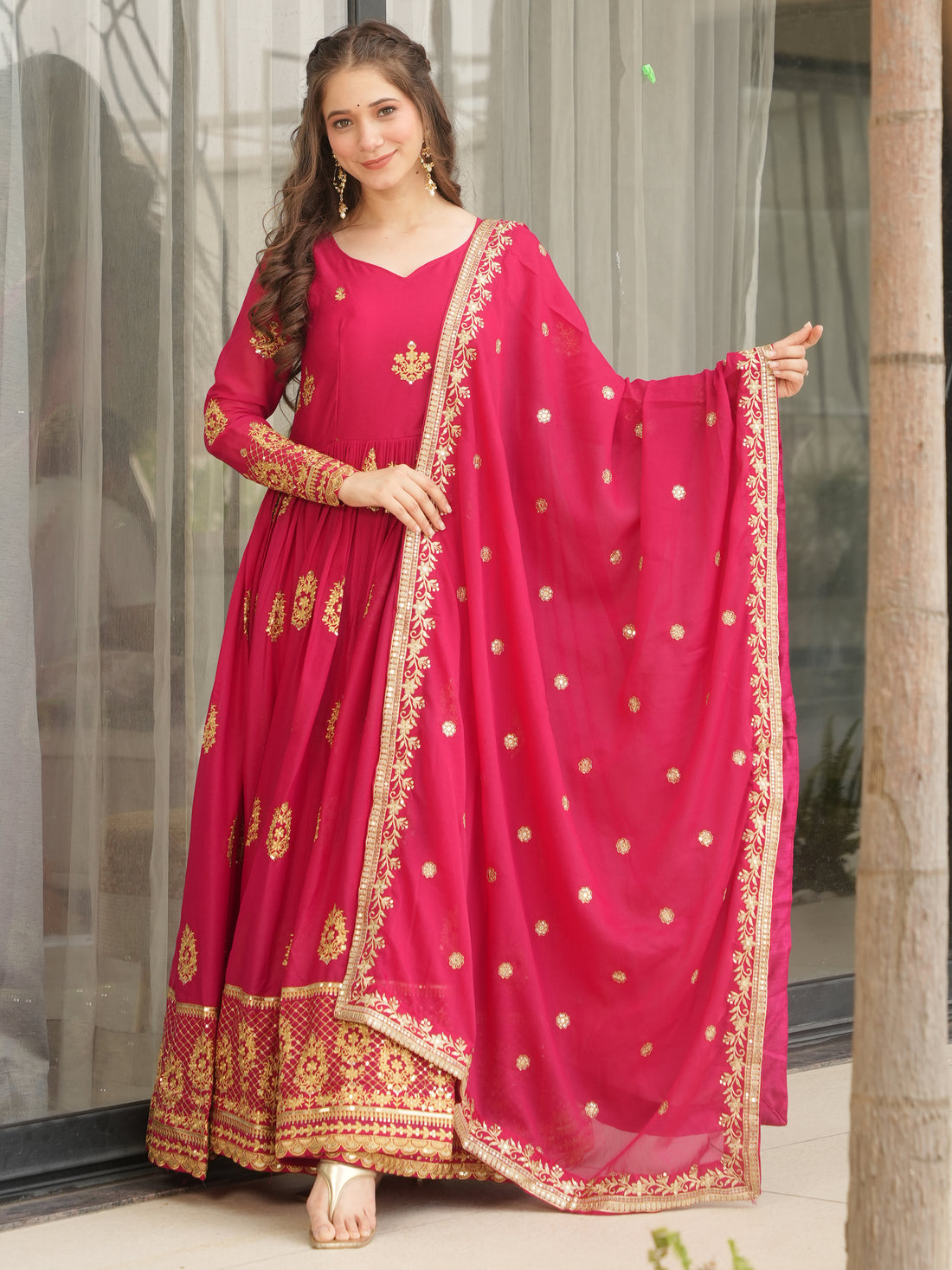Classic Pink Zari Embroidered Georgette Event Wear Gown With Dupatta
