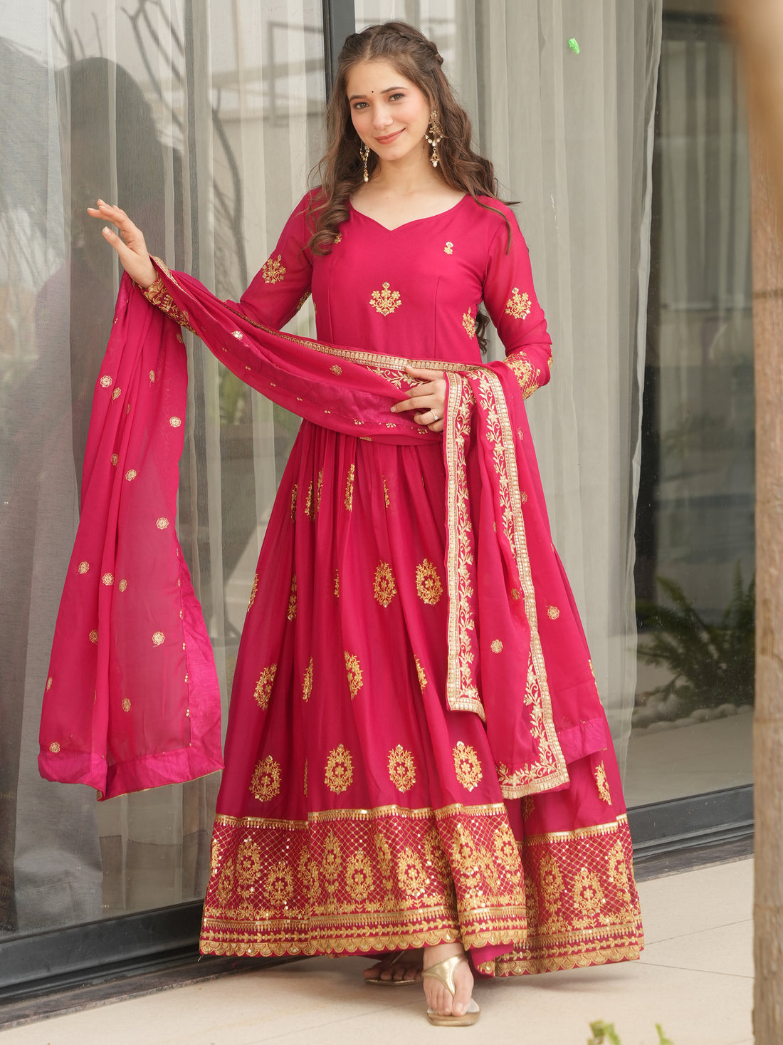 Classic Pink Zari Embroidered Georgette Event Wear Gown With Dupatta