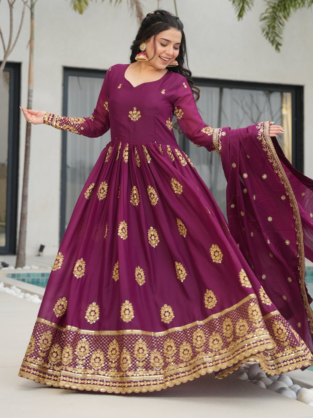 Charming Wine Zari Embroidery Georgette Gown With Dupatta