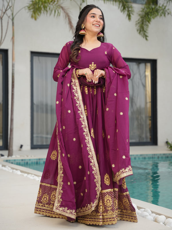 Charming Wine Zari Embroidery Georgette Gown With Dupatta