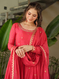 Fascinating Peach Zari Embroidered Chinon Festival Wear Gown